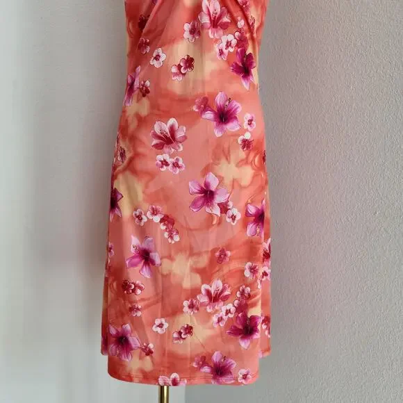 Y2K Orange Pink Floral Ring Front Sleeveless Mini Dress Vintage Tropical XS - Picture 3 of 8